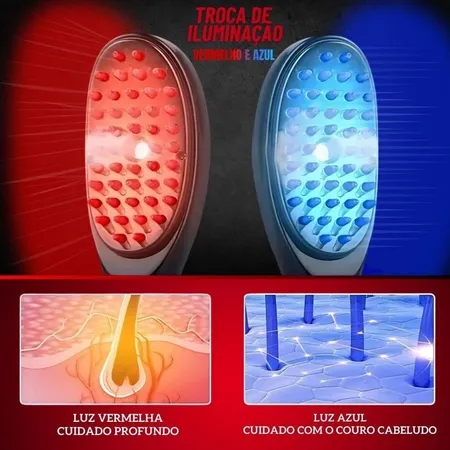 Escova Massageadora Kit Hair: troca de iluminação vermelha e azul